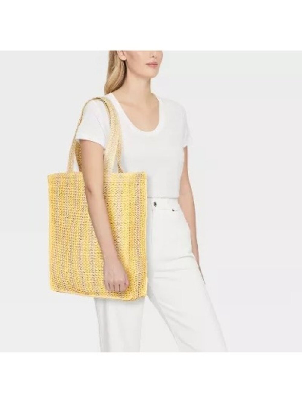 Universal Thread Crochet Woven Handbag Yellow Beige Tote Single Compartment